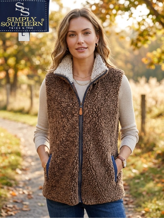 Simply Southern Jackets & Blazers - SIMPLY SOUTHERN Women's Brown Sherpa Fleece Vest Full Zip Cozy Outerwear Size L